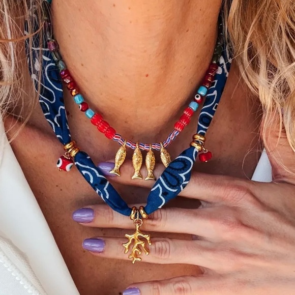 Beach themed charm bandana necklace, 2 piece set, fish necklace, scarf charm nec - Picture 1 of 3